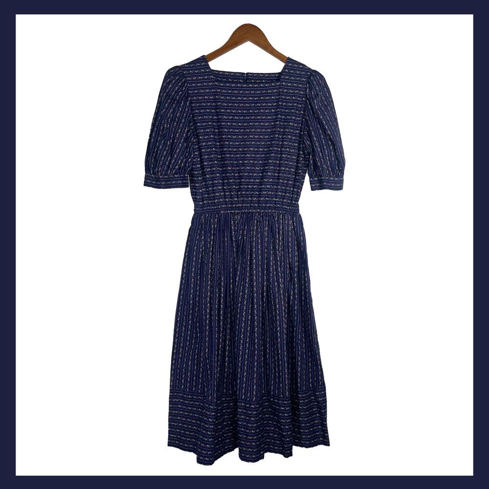 Vintage Handmade Navy Prairie Dress Floral Stripe Midi Puff Sleeve 70s 80s S/M
